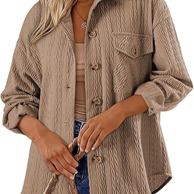 Womens Cable Knit Lightweight Shacket Button Down Shirts Long Sleeve Casual Oversized Blouses Tops